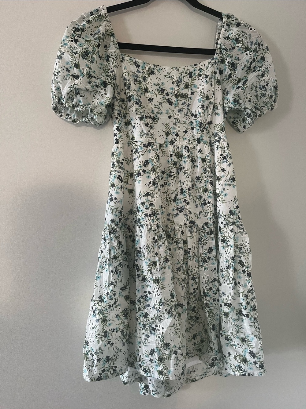 100% Cotton Green White Floral Puff Sleeve Mini Dress Small Cottagecore Romantic